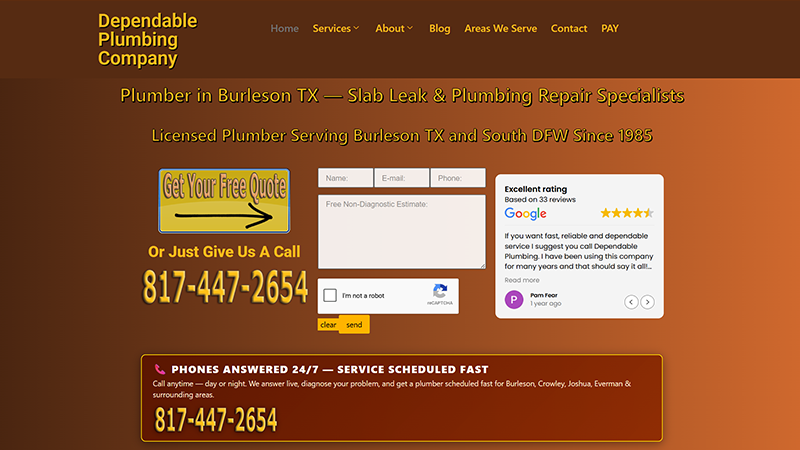 Dependable Plumbing Company website — Burleson TX plumber and slab leak specialist