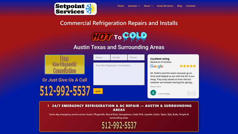 Setpoint Services website — Texas commercial refrigeration specialist